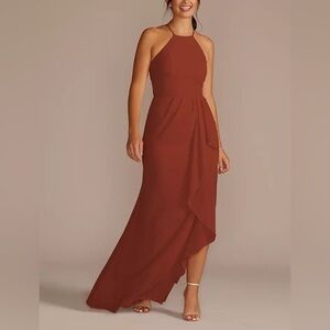 David’s Bridal High-Neck Chiffon Dress with Cascade Color Wine Size 10